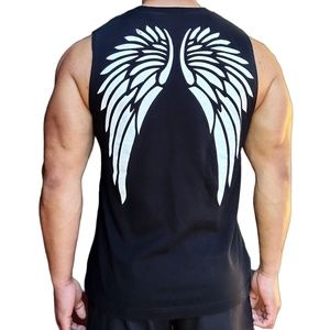 Back Side Angel Wings Tank Top Crew-Neck T-Shirt Workout for Men Bodybuilding Gy